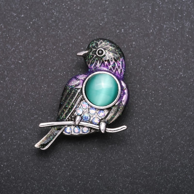 Brooch 'Bird' with Lilac Crystals, Chameleon Effect, Gray Metal, 40×25 mm