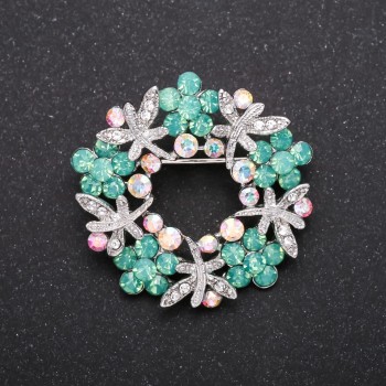 Brooch-pendant Wreath with green crystals, metal color silver, 35mm