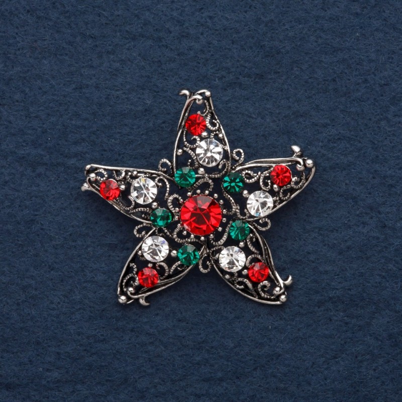 Accent Brooch 5 cm ± Multicolored Crystals, Silver Metal