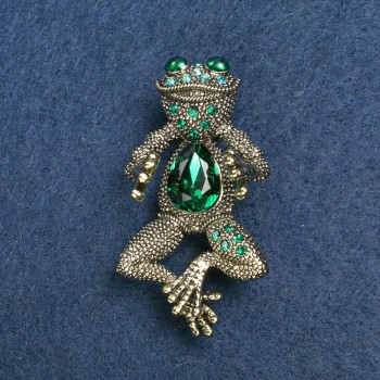 Frog Brooch in Golden Metal, Green and Petrol Crystals, 36×12 mm +