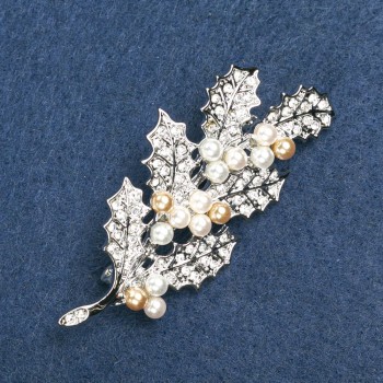 Brooch 'Twig with Beads and White Crystals', Silver-Tone Metal 68x34mm +