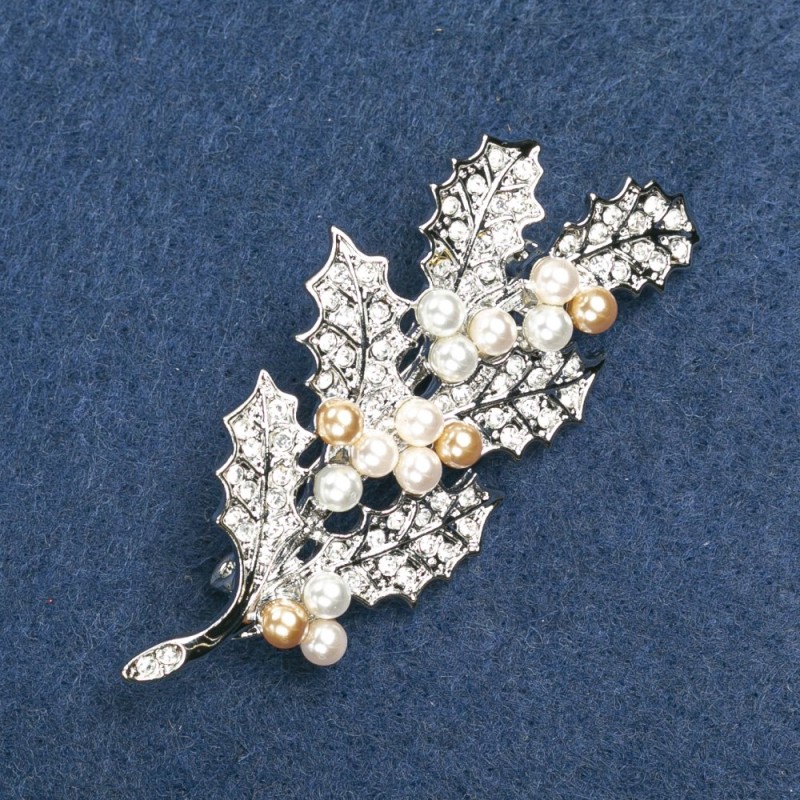 Brooch 'Twig with Beads and White Crystals', Silver-Tone Metal 68x34mm +