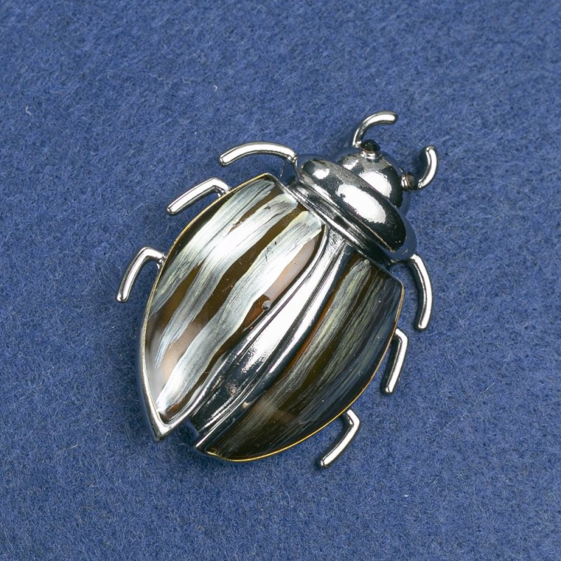 Beetle Brooch, silver-tone metal with enamel and black crystals, 58×24 mm +