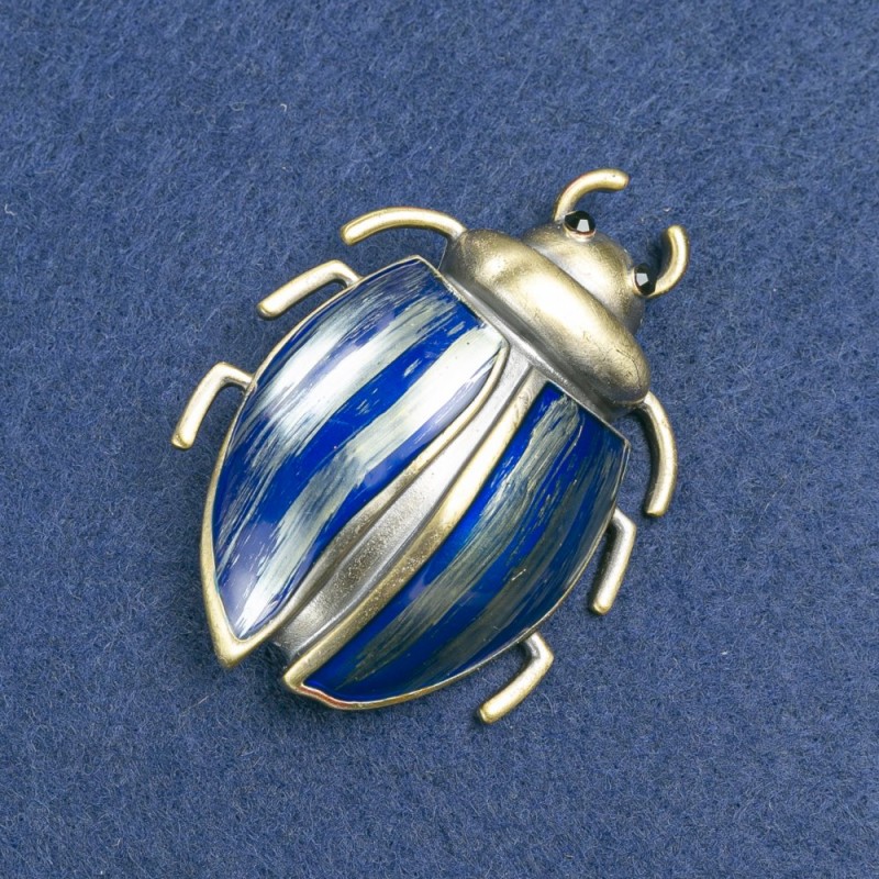 Beetle Brooch in Warm Golden-Tone Metal with Blue Enamel and Black Rhinestones, 58×24 mm