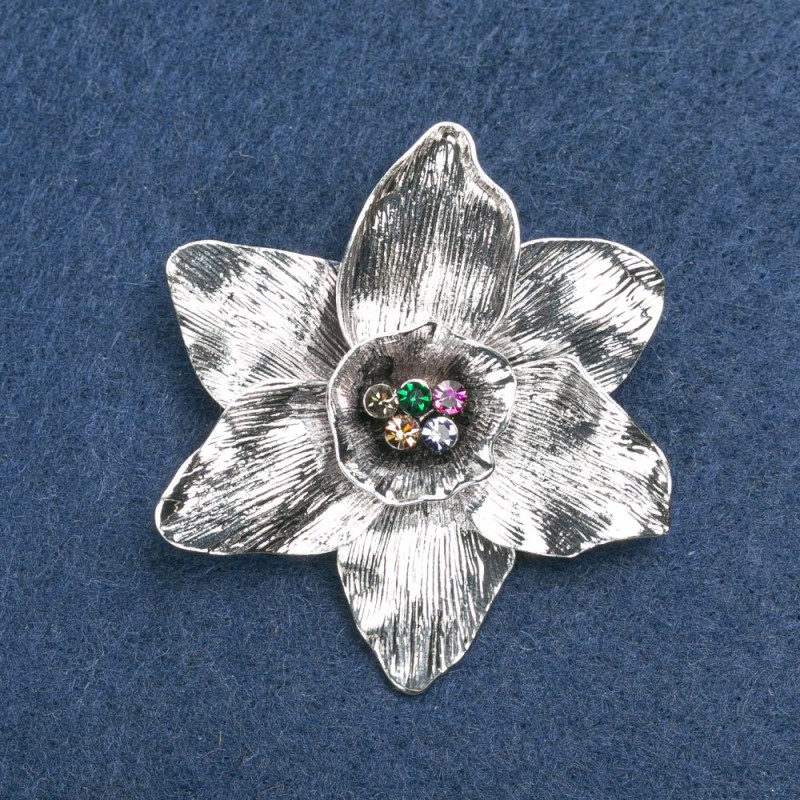 Brooch 'Flower' in silver-tone metal with multicolored rhinestones, 50mm +