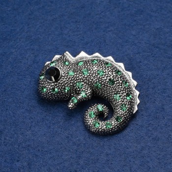 Chameleon Brooch - Silver-Toned Metal, Green and Black Crystals 42x30mm +