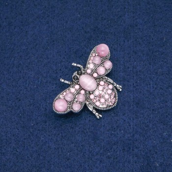 Butterfly Brooch, Cat's Eye, Pink Rhinestones, Silver Metal 40x20mm +