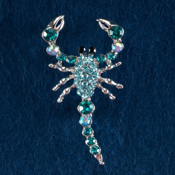 Brooch 'Scorpion' with turquoise-blue rhinestones, gray metal, 55×25 mm