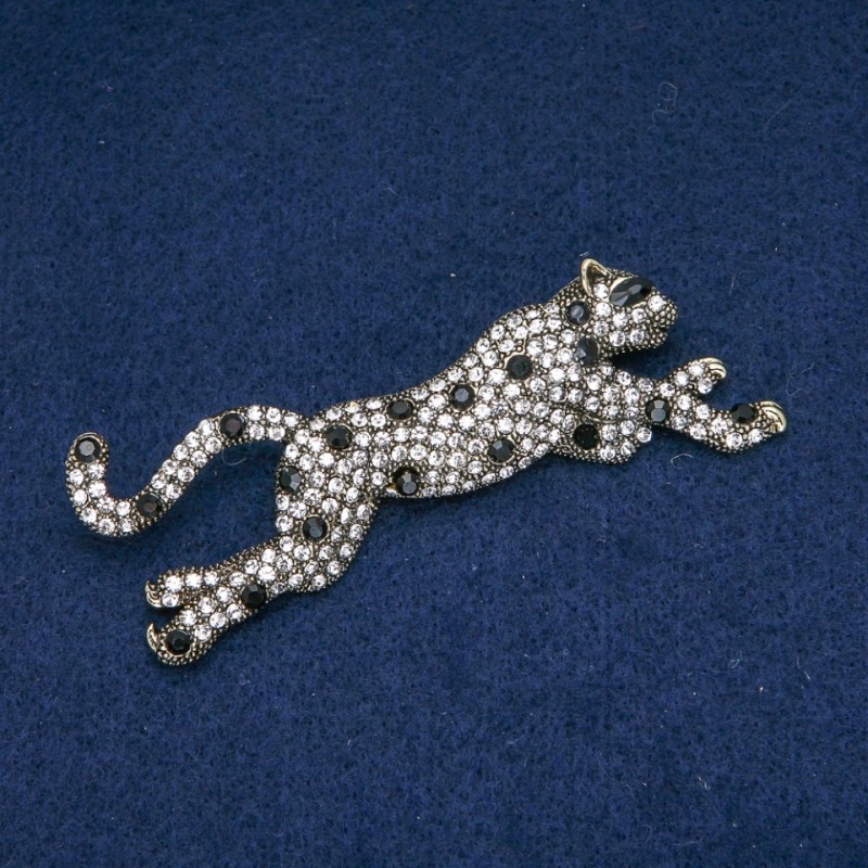 Leopard Brooch with white and black rhinestones, silver metal 78x30mm +