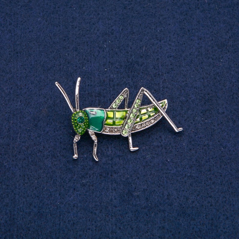 Grasshopper Brooch in Silver-Toned Metal with Green Enamel, White and Green Crystals 45x34mm +