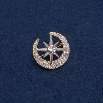 Gold-tone Moon with Silver Star Brooch, white crystals and stone 28x26mm +