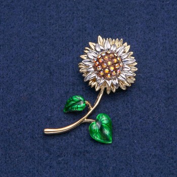 Sunflower Brooch, golden metal with silver petals and yellow chameleon crystals 56x27 mm +