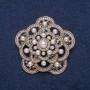 Brooch with white beads and dark rhinestones, golden metal 47x47mm