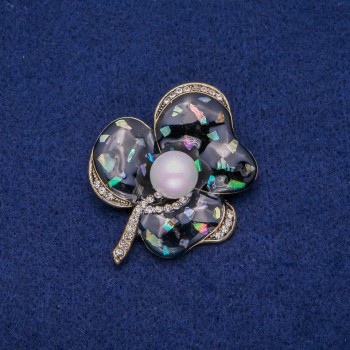 Brooch 'Flower' with Haliotis nacre and crystals 41x51mm, gold-tone metal
