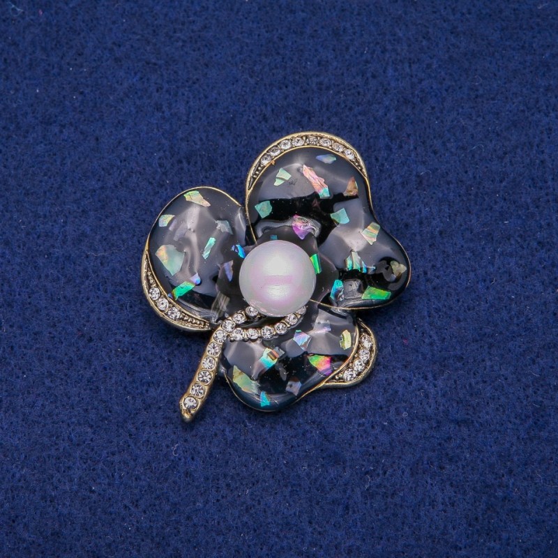 Brooch 'Flower' with Haliotis nacre and crystals 41x51mm, gold-tone metal