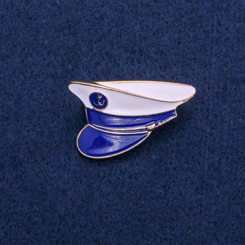 Brooch 'Captain with Anchor' White and Blue Enamel 23x35 mm, Gold-Toned Metal