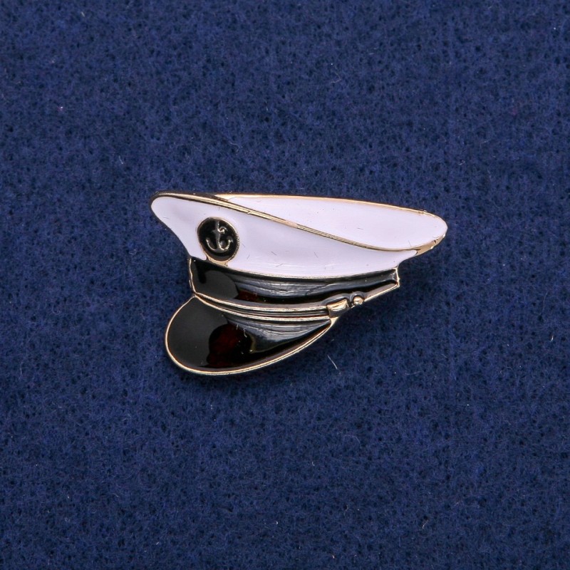 Captain Brooch with Anchor Chevron, White and Black Enamel, 23x35 mm, Gold-Tone Metal