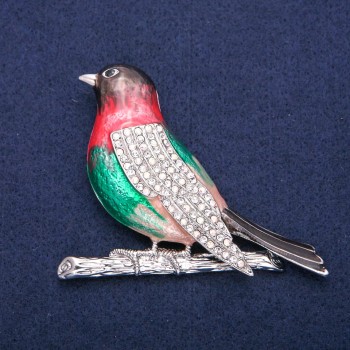 Brooch Pendant Nightingale with Colored Enamel and White Crystals, Silver-Tone Metal 58×70 mm