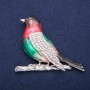 Brooch Pendant Nightingale with Colored Enamel and White Crystals, Silver-Tone Metal 58×70 mm