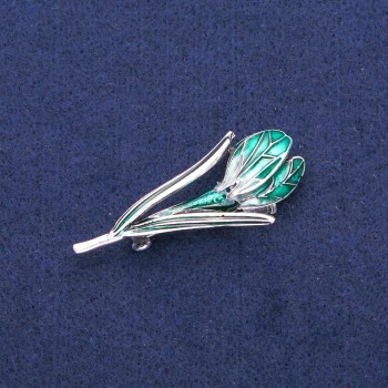 Brooch-pendant 'Flower' green enamel, silvery metal 25×50mm