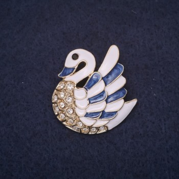 Swan Brooch with White-Blue Enamel, Gold-Tone Metal 30x28 mm