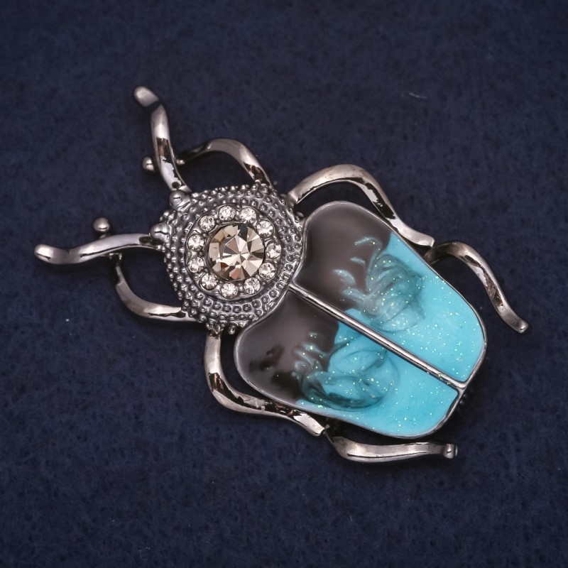 Beetle Scarab Brooch 50x30 mm Crystals Enamel Color Black-Blue Satin Silver-Tone Metal