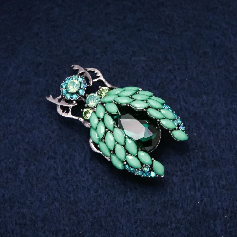 Beetle Brooch with Green Rhinestones 28x48mm
