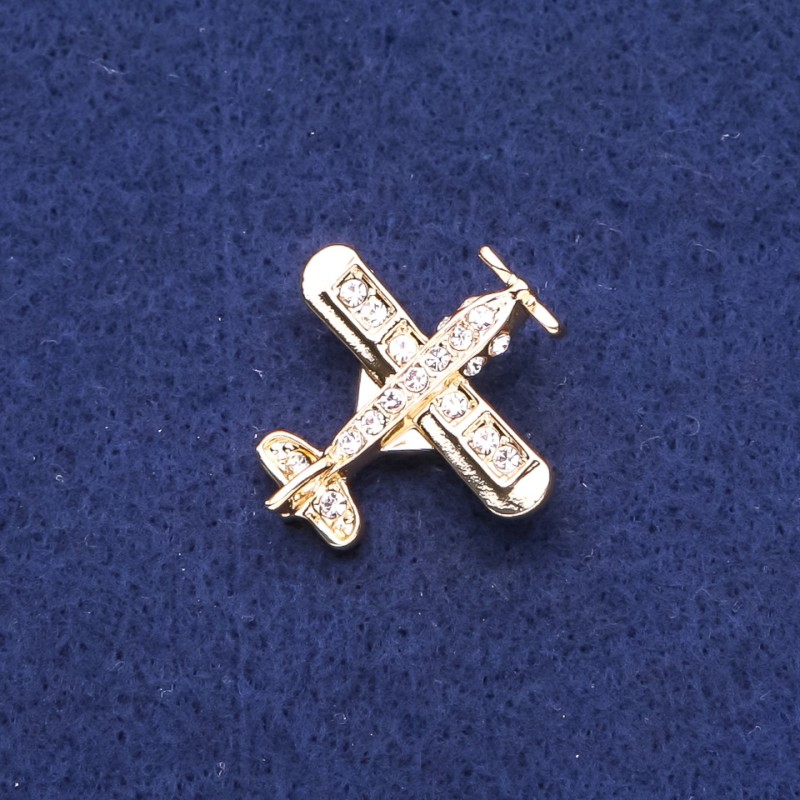Brooch Airplane with Crystals, Golden Metal 28x28 mm