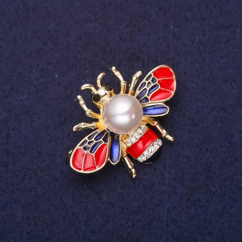 Bee Brooch with Pearl Bead, Crystals, Enamel, Red, Blue and White, 35x25mm, Gold-Tone Metal