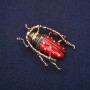 Cockroach Brooch with Crystals, Enamel in Red and White, 49x36mm, Yellow Metal