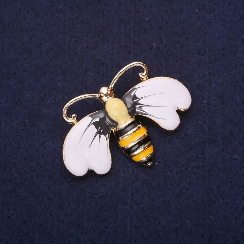 Bee-Butterfly Brooch, enamel, color white, yellow, gray, black, 41×30 mm, gold-toned metal