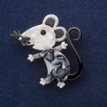 Brooch 'Mouse from Mother-of-Pearl' 52x48 mm Gray Metal