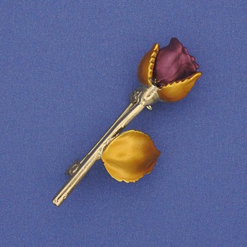 Brooch Burgundy Rose and Yellow Enamel on Gold-Tone Metal 42x16mm