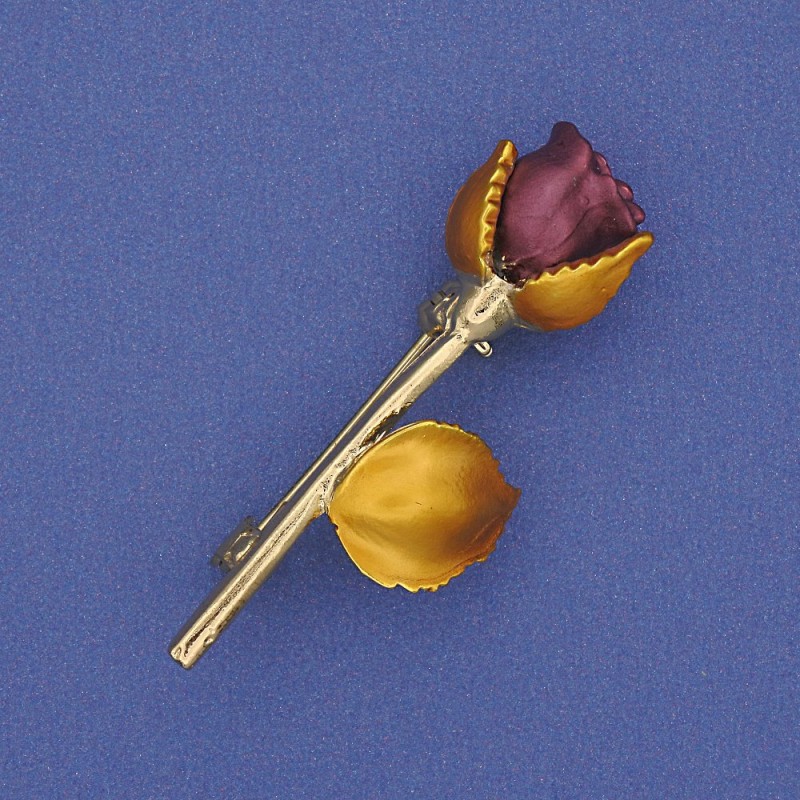 Brooch Burgundy Rose and Yellow Enamel on Gold-Tone Metal 42x16mm