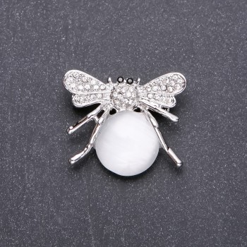 Butterfly Brooch with White Cat's Eye Natural Stone, 35x30 mm, White Metal