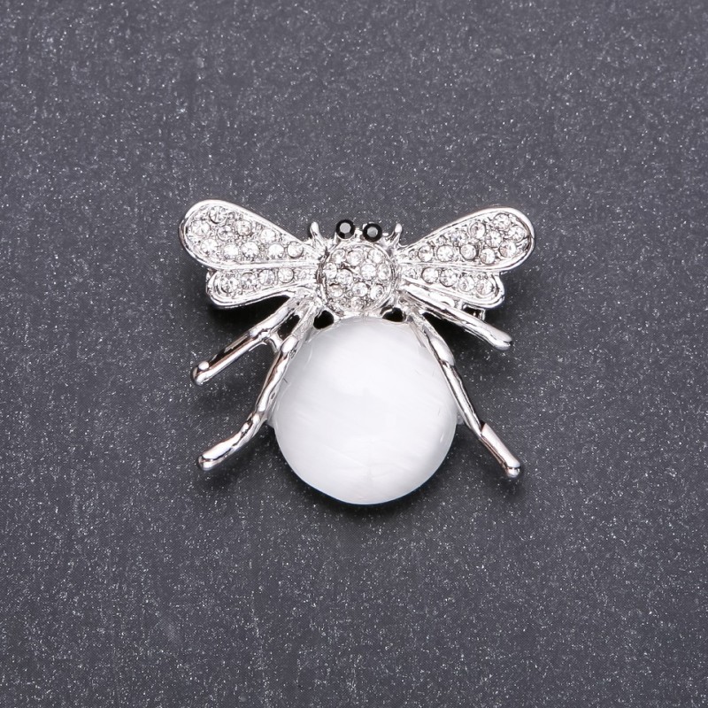 Butterfly Brooch with White Cat's Eye Natural Stone, 35x30 mm, White Metal