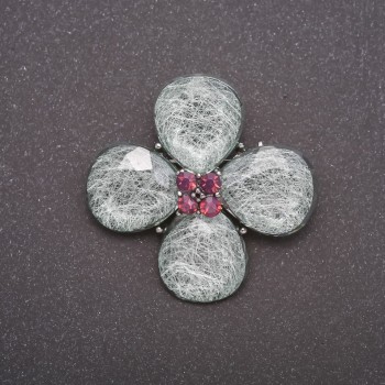 Brooch with Green Aquarium Effect Four-Leaf Clover Gray Metal 37x45mm