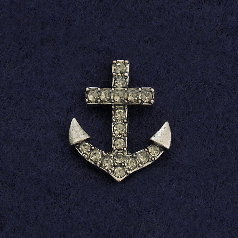 Brooch with butterfly clasp 'Anchor' 2 cm gray metal with rhinestones