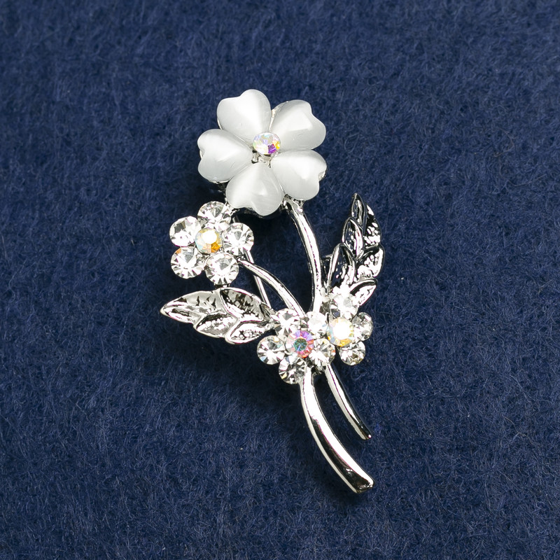 Forget-me-not Brooch with Gray Cat's Eye Stone and Crystals, Silver-Toned Metal 27x44mm