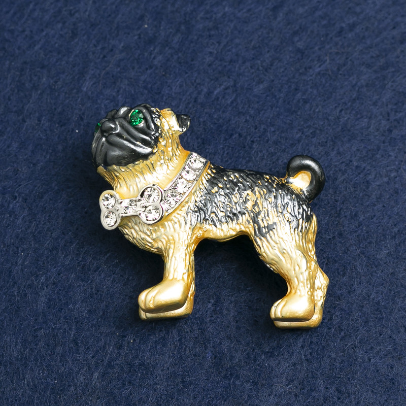 Brooch Bulldog, silver-tone metal with crystals and enamel, 35x42mm +