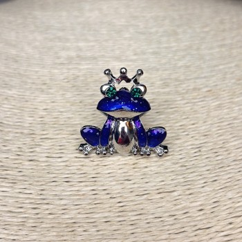 Frog Brooch, Silvery Metal, Rhinestones and Enamel, 30mm +