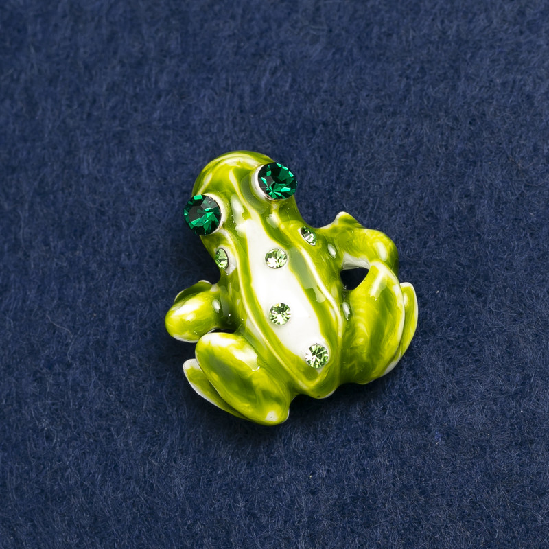 Frog Brooch in Golden Metal, Rhinestones and Enamel 28x30 mm +