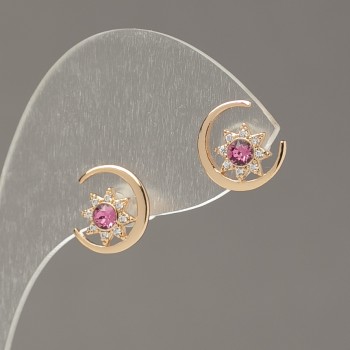 Xuping 18K Gold-Plated Stud Earrings with Pink Crystals and White Rhinestones, 10 mm Diameter