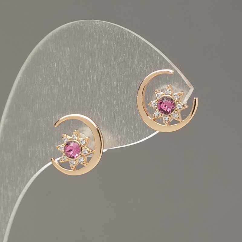 Xuping 18K Gold-Plated Stud Earrings with Pink Crystals and White Rhinestones, 10 mm Diameter
