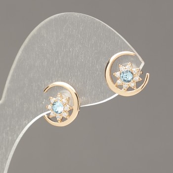Xuping 18K Gold-Plated Stud Earrings with White Crystals and Blue Crystals, 10 mm diameter +
