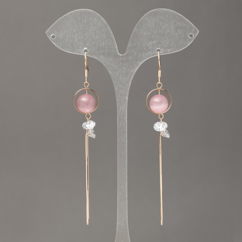 Xuping Earrings 18K Gold Plating with Pink Cat's Eye and White Crystals, 13 mm diameter, 100 mm length