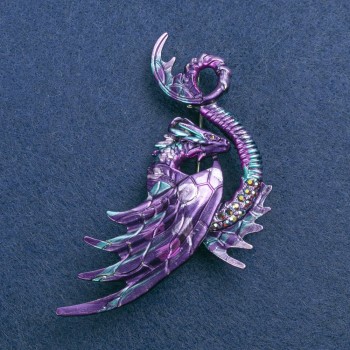 Dragon Brooch, silver-colored metal with enamel and gasoline rhinestones, 88×50 mm +