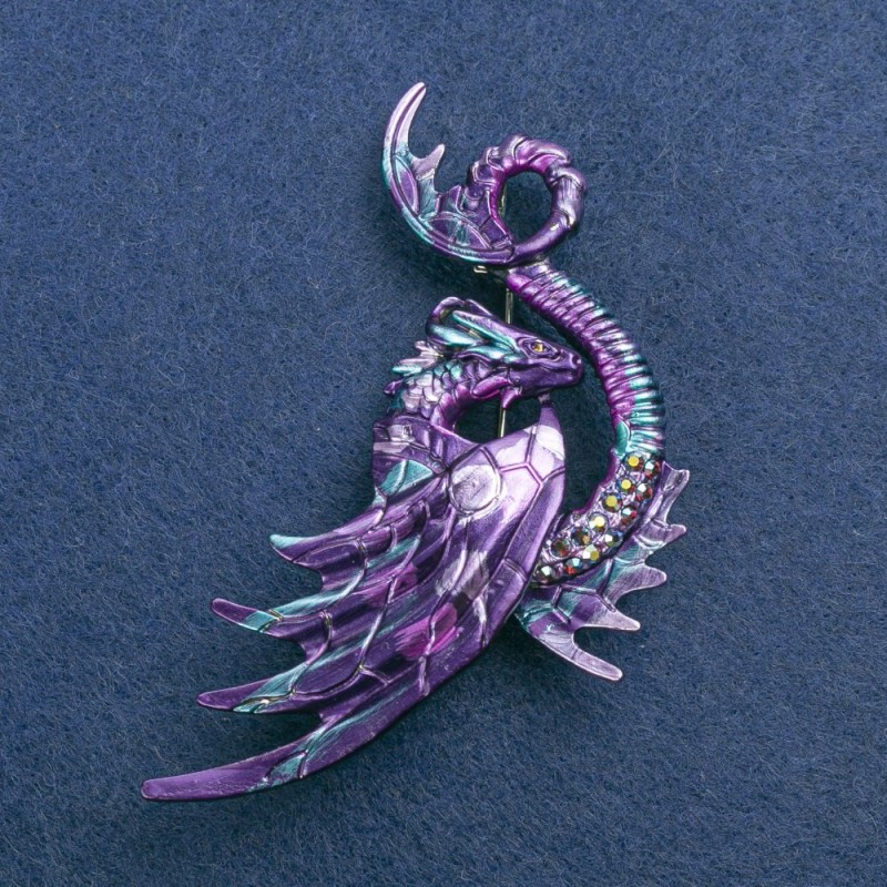 Dragon Brooch, silver-colored metal with enamel and gasoline rhinestones, 88×50 mm +