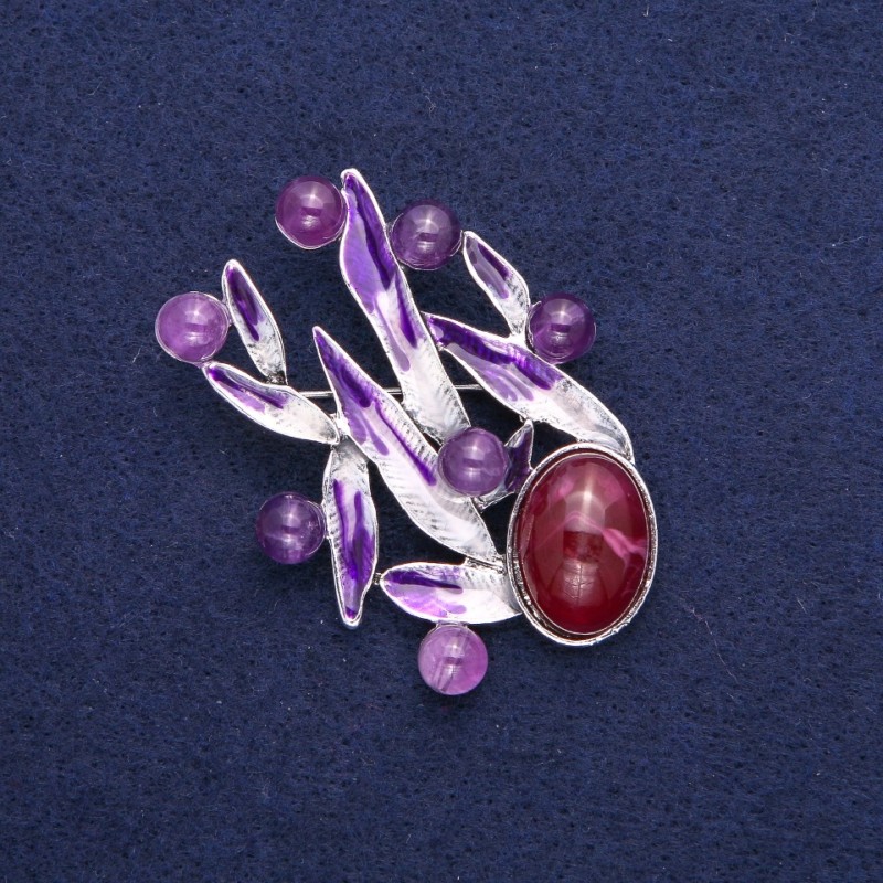 Brooch Leaves with Amethyst, Purple Enamel, Silvery Metal 38x53mm