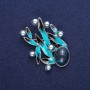 Brooch 'Leaves with Pearl', blue enamel, silver-tone metal 38x53mm